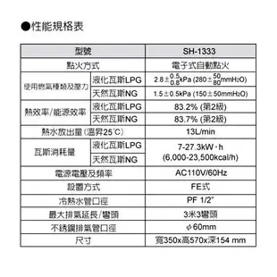 天然氣 桶裝瓦斯 現貨供應~量多再優惠唷~~櫻花牌 SH-1333 SH1333 強制排氣13公升數位恆溫熱水器