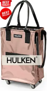 Small rose gold reusable grocery bag on wheels, lightweight, carries 66 lb.