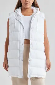 Zella Women's Long Hooded Puffer Vest in White at Nordstrom, Size 1X