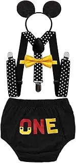 [FMYFWY] Baby Boys 1st Birthday Outfits Cake Smash Photo Props 4Pcs Clothes Set ONE Bloomers Suspenders Bowtie Headband