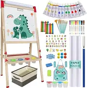 Easel for Kids,Adjustable Wooden Art Easel for Kids,114+ Art Supplies,Double Sided Magnetic Chalkboard and White Board for Kid,Drawing and Painting for Aged 2-4,5-7,8-12,2 Paper Rolls