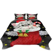 Cute Grey Kitty in Red Angle Christmas Sock Coverlet