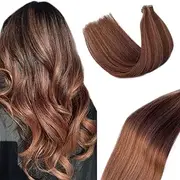 Tape in Hair Extensions Human Hair,Chocolate Brown Balayage Auburn Brown Highlights Hair Extensions Real Human Hair Tape ins 50g/pack 20pcs Invisible Seamless Weft Tape in Hair Extensions Human Hair