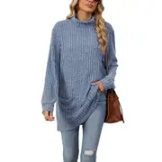 Half High Collar Long Sleeve Pocket T-shirt Top - Blue