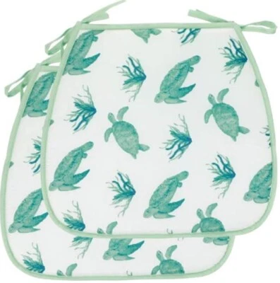 Set of 2 Same Thin Cushion Chair Pads with green ties, SEALIFE,GREEN TURTLES, GR
