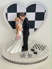 Wedding Cake Topper Racing Checkered Flag Themed Pretty Long-Haired Bride Sporty