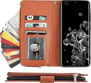 Cavor for Samsung Galaxy S20 Ultra Case,PU Leather Zip Pocket Wallet Flip Cover Case Magnetic Closure Book Design with Kickstand Feature & Card Slots Compartment for Galaxy S20 Ultra 5G (6.9")-Brown