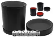 Black PU Leather Felt Lined Dice Cup w/Lid Tray + (6) 16mm White Dice + Pouch