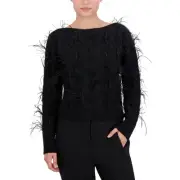 BCBGMAXAZRIA Womens Black Cable Knit Feathers Pullover Sweater Top S BHFO 4063