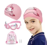 US stock 4 pcs unicorn pink color girls swim cap ear plug goggles backpack set