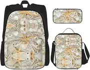[StOlmx] 3 Pcs Set Backpack,Waterproof Bookbag, Insulated Lunch Bag & Pencil Case Pouch, Travel,Hiking,Starfish Seashell Beach Print, Starfish Seashell Sandy Beach, One Size