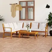 Garden Patio Furniture Set - Acacia Wood Outdoor Chairs, Conversation Set with Cream Cushions, Table Included, Small Balcony, 5 Piece