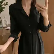 Long-Sleeve Lapel Collar Plain Tie Waist Half-Button Slit Midi A-Line Dress Black - M
