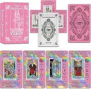 Smoostart Pink Holographic Tarot Cards with Meanings, Tarot Cards Deck with Guidebook for Beginners, Keywords, Element, Planet, Zodiac, Chakra, Yes or No, Musical Pitch, Numerology, Hebrew Alphabet
