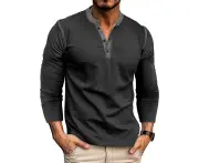 Men's Long Sleeve Shirts Button V-neck Undershirts Classic Baselayer Henley Shirts for Men -Black