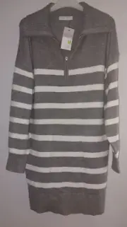 New Grey White Stripe Cosy & Soft Long Line Zip Chest Jumper Dress Size M 12-14