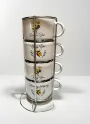 NEW Honey Bees 4pc Stackable Stoneware Espresso Coffee Cups In Wire Holder