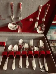 1847 Rogers Bros Silver Plate Silverware Set for 8 with Wooden Art Deco Box