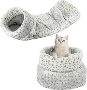 Cattitude Cat Bed 2-in-1 Tunnel Snow Leopard -Foldable Cat Bed, Cat House for Indoor Kitten and Small Dog, Self-Warming Indoor Cats Cave, 2-in-1 Design, Machine Washable