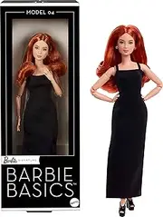 Mattel Barbie Basics Model 04 Collector Doll with Red Curly Hair, Black Mini Dress & Boots, Universal-fit Fashions, Posable Petite Body & Swappable Doll Head