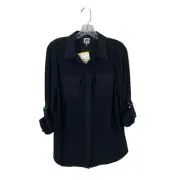 Anne Klein Women Button Front Top M Convertible Long Sleeve D Rings Black Blouse