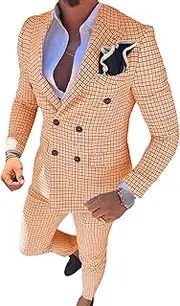 [JEShifangjiusu] Men - Casual Slim Plaid 2 Piece Suit Square Collar Blazer Tuxedo Sports Jacket Pants, Orange, M