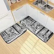 XYMZR Kitchen Mat Wolf Black White Forest for Floor, 2 Piece, Non Slip Washable Kitchen Rugs for Kitchen & Home Decor, Sink, Bathroom 19.7” x 27.6” + 19.7” + 47.2”