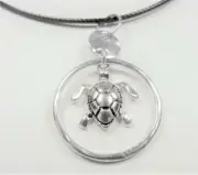 BEACH FASHION NAUTICAL SEA TURTLE IN RING BLACK LEATHER CORD PENDANT NECKLACE