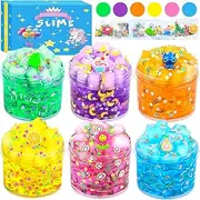 Dreunsto 6 Pack Jelly Cube Crunchy Slime Kit, with Yellow, Pink, Purple, Green & Blue Clear Crunchy Slime, Super Soft Sludge Toy with Cute Charms, Party Favors Slime for Girls and Boys