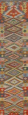 Geometric Colorful 3'x15' Runner Rug Flat Weave Kilim Handmade Oriental carpet