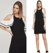 NWT BCBG Maxazria Norah Mini Shift Dress Cold Shoulder Ruffle Black White Size L