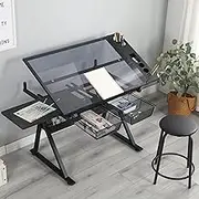 Acosure Tempered Glass Drafting Printing Table with Chair and Two Drawers,Desk W/Tilted Tabletop & Adjustable Legs,for Home,Office,School,Easy to Assemble,Black, 39.76"