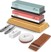BRITOR Knife Sharpening Stone, Premium 4 Side Grit 400/1000 3000/8000, Whetstones Includes Flattening Stone, Bamboo Base, 2 Non-Slip Rubber Bases, Leather Strop,Honing Guide, Knife Sharpening Kit