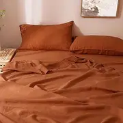 S VICTORY SYMBOL 100% Organic Linen Sheets Set Queen Size,Natural French Flax Bedding Set,Stone Washed Linen Bed Sheets 4 Pieces,Ultra Breathable for Hot Sleepers(Rust)