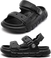 [LONSOEN] Kids' EVA Slide Sandals Non-Slip Toddler Clog Sandals Shoes for Boys & Girls Summer Beach Pool Slipper Children Water Shoes with Adjustable Back Strap, 028 Black, 8 Toddler
