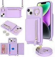 for iPhone 13/14 Crossbody Case with Card Holders Money Slots Zipper Coin Purse Rotatable Ring Kickstand Cover Wristlet Strap Lanyard Litchi Leather Wallet Cover for iPhone13 iPhone14 Purple
