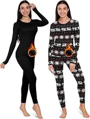 [Patelai] 2 Set Thermal Underwear Warm Fleece Lined Leggings and Womens Thermal Tops Base Layer(Simple, Christmas Print,Black, Multicolor,Medium), Black, Multicolor, Medium