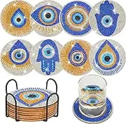 Vesici 8 Pcs Cat Shaped Diamond Art Coasters With Holder - DIY Crafts Kit for Adults, Kids, Beginners - Gift Supplies (Blue Evil Eye)