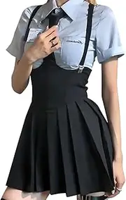[Generic] Girls High Waisted Pleated Mini A-Line Skirt School Uniform Halloween Cosplay Party Outfit Braces Overall Suspender Blouse