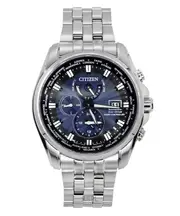 Citizen Eco-Drive Radio-Controlled AT9031-52L 200M Mens Watch Perpetual Calendar World Time Diver 200M Stainless Steel Blue Dial