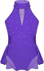 [Yhong] Kids Girls Sparkly Rhinestone Ice Figure Skating Skirted Leotard Sleeveless Cutout Ballet Dancewear