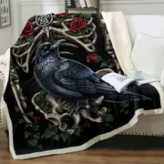 Dark Art Roses Human Skeleton and Crow Throw Blanket