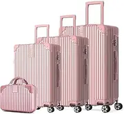[LIODUX] 4 Piece Luggage Sets, Expandable PP Hardshell Clearance Luggage, 14/20/24/28in, Hardside Lightweight Durable Carry On Suitcase Sets with Two Hooks, Spinner Wheels (Pink)