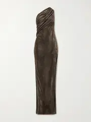 [Rick Owens] Rick Owens - Athena Arrowhead One-shoulder Draped Crushed-velvet Gown - Brown - IT42 IT 42 Brown
