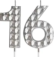 Silver 16th Birthday Candles,Diamond Design 3D Number 16 Birthday Candle,Happy 16th Birthday Cake Topper Decorations for Girls Boys Women Men Birthday Anniversary Wedding Party Celebration Supplies