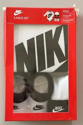 Nike Baby LS Bodysuit Hat Booties, 3 Pc Gift Box Set White Swoosh 6-12 Months