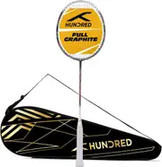 HUNDRED Powertek 1000 PRO Graphite Strung Badminton Racket with Full Racket Cover (Dark Grey/White) - For Intermediate Players - 95 grams - Maximum String Tension - 26lbs
