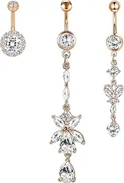 [Decentraland] 1SET Silvery With Zircon 1.6mm(14G) Long Flower-Shaped Dangling Belly Button Ring Piercing For Women Body Piercings Jewelry Hypoallergenic Titanium Steel Stainless Steel 10mm