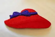 LADIES HAT Red & Purple w Ribbon Bow Iron On Patch Applique 3.25" w x 1.5" h