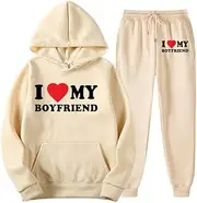 [YongXinMY] Hoodies + Jogger Pants Set Funny Letter 3D Printed Tracksuit Fashion Casual Two Piece Set I Love MY Boyfriend